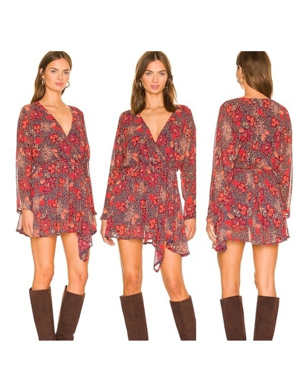 Free People Teegan Mini Dress Size LARGE Peach Combo Floral Faux Wrap
